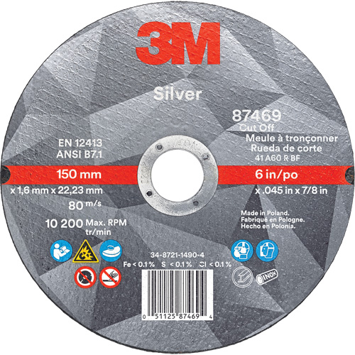 Meule &agrave; tronçonner Silver, 6" x 0,045", Arbre de 7/8", Type 1, C&eacute;ramique, 10 200 Tr/min Brunswick Fyr & Safety
