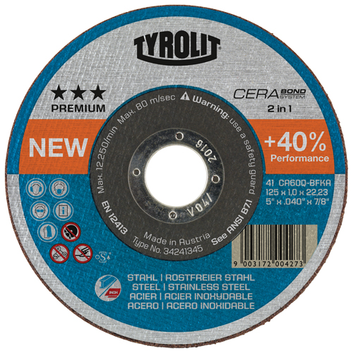 Cerabond Cutting Disc, 5" x 0.045", 7/8" Arbor, Type 1, Ceramic, 12250 RPM Brunswick Fyr & Safety