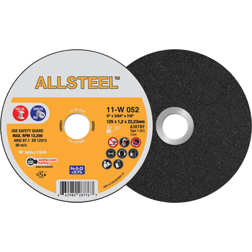 AllSteel Cut-Off Wheel, 5" x 3/64", 7/8" Arbor, Type 1, Aluminum Oxide, 12250 RPM Brunswick Fyr & Safety