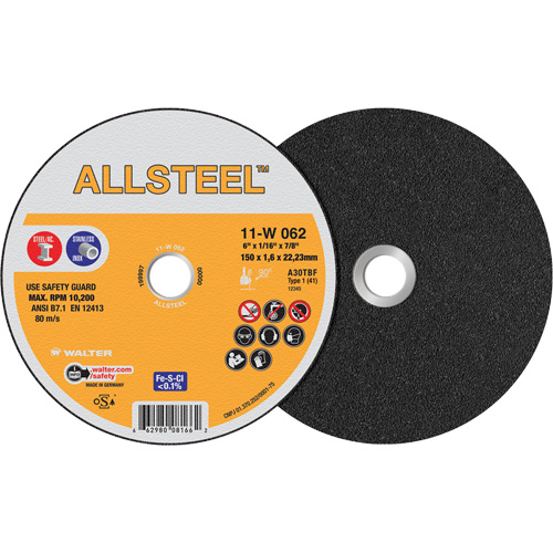 AllSteel Cut-Off Wheel, 6" x 1/16", 7/8" Arbor, Type 1, Aluminum Oxide, 10200 RPM Brunswick Fyr & Safety