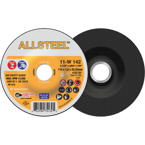 AllSteel Cut-Off Wheel, 4-1/2" x 3/64", 7/8" Arbor, Type 27, Aluminum Oxide, 13300 RPM Brunswick Fyr & Safety