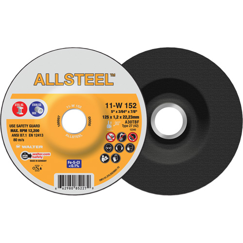 AllSteel Cut-Off Wheel, 5" x 3/64", 7/8" Arbor, Type 27, Aluminum Oxide, 12250 RPM Brunswick Fyr & Safety