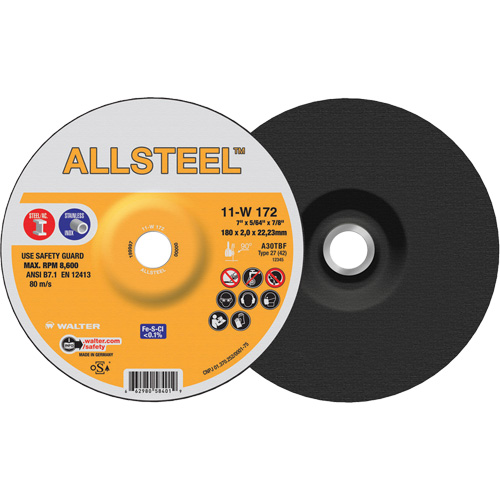 AllSteel Cut-Off Wheel, 7" x 5/64", 7/8" Arbor, Type 27, Aluminum Oxide, 8500 RPM Brunswick Fyr & Safety