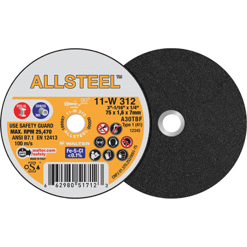 AllSteel Mini Cut-Off Wheel, 3" x 1/16", 1/4" Arbor, Type 1, Aluminum Oxide, 25470 RPM Brunswick Fyr & Safety