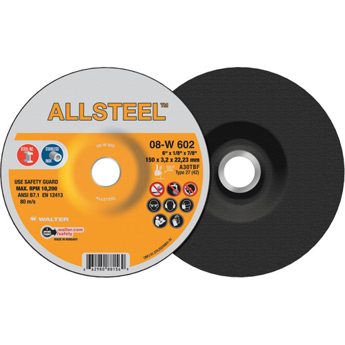 AllSteel Grinding Wheel, 6" x 1/8", 7/8" Arbor, Aluminum Oxide, Type 27 Brunswick Fyr & Safety