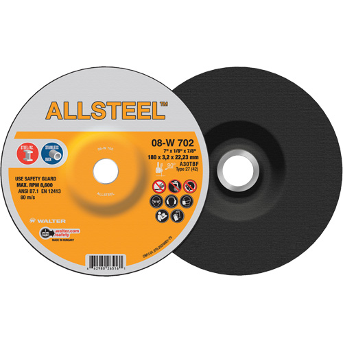 Meule ALLSTEEL, 7" x 1/8", Arbre 7/8", Oxyde d'aluminium, Type 27 Brunswick Fyr & Safety