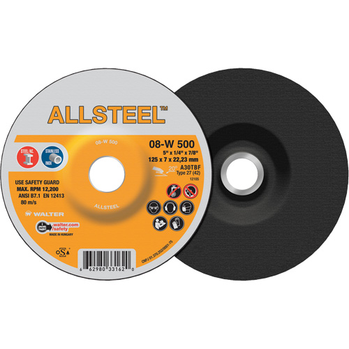 Meule ALLSTEEL, 5" x 1/4", Arbre 7/8", Oxyde d'aluminium, Type 27 Brunswick Fyr & Safety