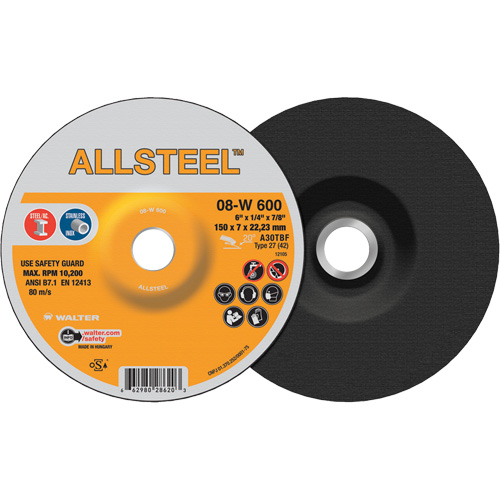 Meule ALLSTEEL, 6" x 1/4", Arbre 7/8", Oxyde d'aluminium, Type 27 Brunswick Fyr & Safety