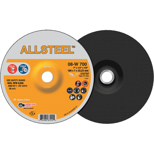 Meule ALLSTEEL, 7" x 1/4", Arbre 7/8", Oxyde d'aluminium, Type 27 Brunswick Fyr & Safety