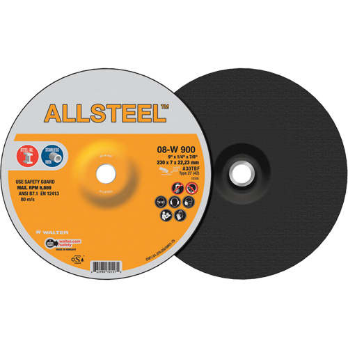 AllSteel Grinding Wheel, 9" x 1/4", 7/8" Arbor, Aluminum Oxide, Type 27 Brunswick Fyr & Safety