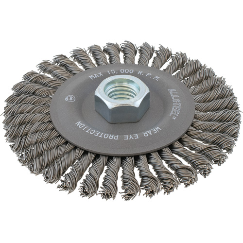 Brosse m&eacute;tallique &agrave; fils &eacute;troits nou&eacute;s AllSteel, Dia. 6-7/8'', Fils 0,02", Arbre 5/8"-11, Acier Brunswick Fyr & Safety