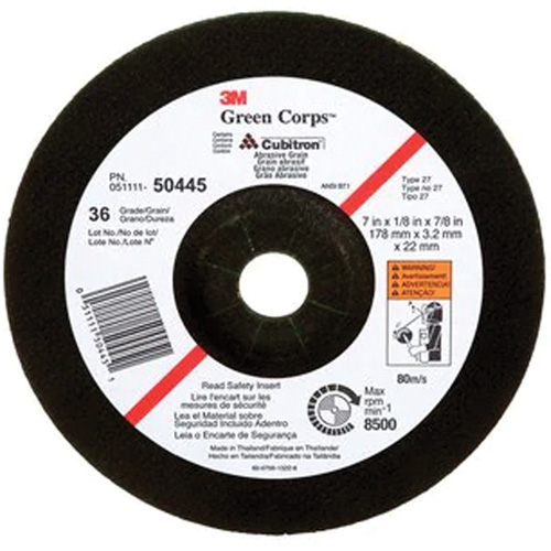 Green Corps Depressed Centre Wheel, 7" x 1/8", 7/8" Arbor, Ceramic, Type 27 Brunswick Fyr & Safety