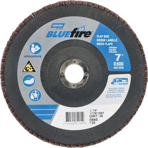 BlueFire&reg; R884P/R884V/R860 Center Mount Fiberglass Conical Flap Disc, 7" x 7/8", Type 29, P36 Grit, Zirconia Alumina Brunswick Fyr & Safety