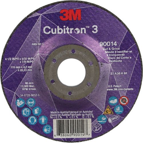 Cubitron 3 Cut & Grind Wheel, 4-1/2" x 5/32", 7/8" Arbor, Type T27, 36+ Grit, Ceramic Brunswick Fyr & Safety