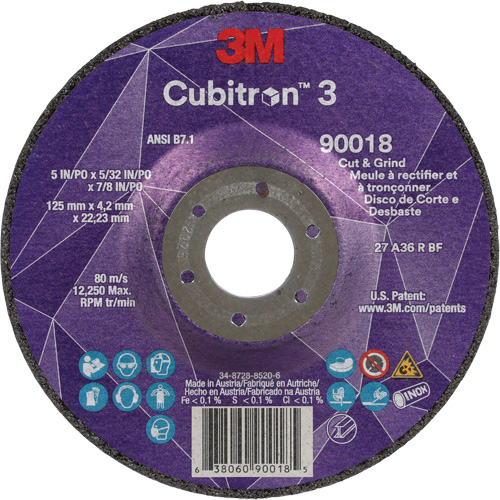 Meule &agrave; couper & tronçonner Cubitron 3, 5" x 5/32", Arbre de 7/8", Type T27, Grain de 36+, C&eacute;ramique Brunswick Fyr & Safety