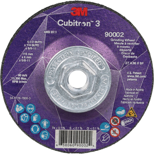 Meule a moyeu d&eacute;port&eacute; Cubitron 3, 4-1/2" x 1/4", Arbre 5/8"-11, C&eacute;ramique, Type T27 Brunswick Fyr & Safety