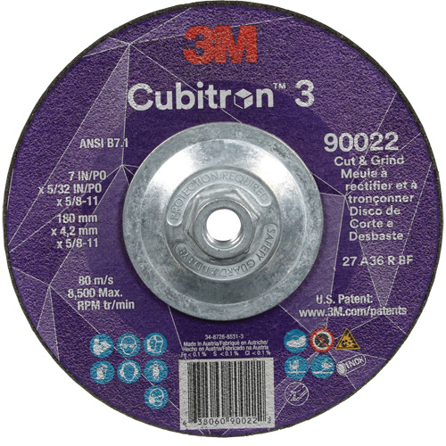 Cubitron 3 Cut and Grind Wheel, 7" x 5/32", 5/8"-11 Arbor, Type 27, 36 Grit, Ceramic Brunswick Fyr & Safety