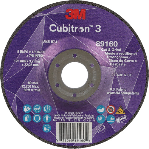 Cubitron 3 Cut and Grind Wheel, 5" x 1/8", 7/8" Arbor, Type 27, 36 Grit, Ceramic Brunswick Fyr & Safety