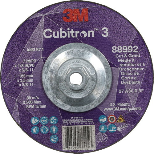 Cubitron 3 Cut and Grind Wheel, 7" x 1/8", 5/8"-11 Arbor, Type 27, 36 Grit, Ceramic Brunswick Fyr & Safety