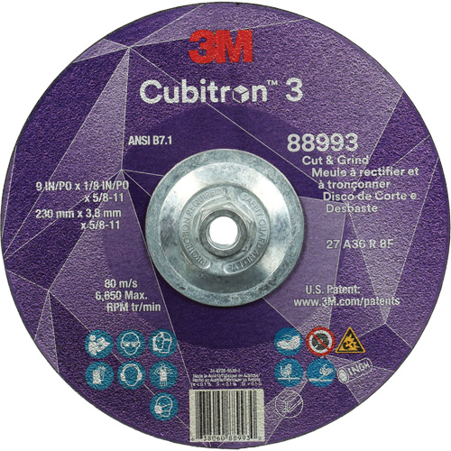 Cubitron 3 Cut and Grind Wheel, 9" x 1/8", 5/8"-11 Arbor, Type 27, 36 Grit, Ceramic Brunswick Fyr & Safety