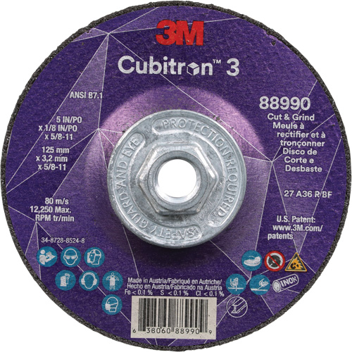 Meule &agrave; rectifier et &agrave; tronçonner Cubitron 3, 5" x 1/8", Arbre de 5/8"-11, Type 27, Grain de 36, C&eacute;ramique Brunswick Fyr & Safety