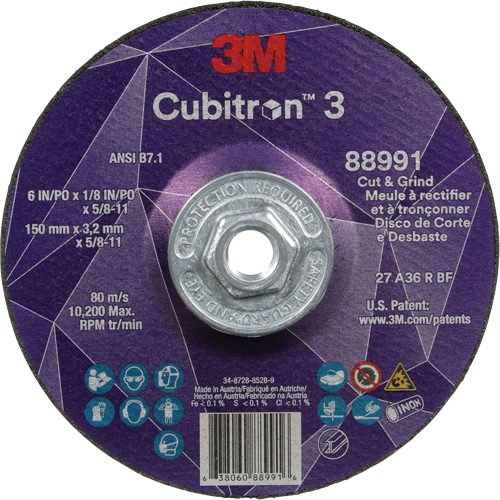 Cubitron 3 Cut and Grind Wheel, 6" x 1/8", 5/8"-11 Arbor, Type 27, 36 Grit, Ceramic Brunswick Fyr & Safety