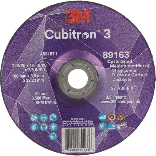 Cubitron 3 Cut and Grind Wheel, 7" x 1/8", 7/8" Arbor, Type 27, 36 Grit, Ceramic Brunswick Fyr & Safety