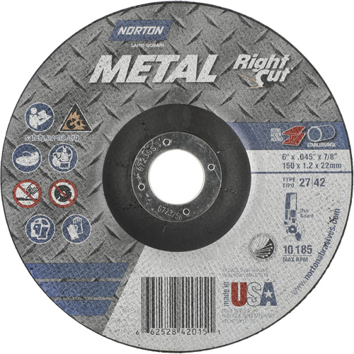 Metal RightCut Right Angle Cut-Off Wheel, 6" x 0.045", 7/8" Arbor, Type 27/42, Aluminum Oxide, 10190 RPM Brunswick Fyr & Safety
