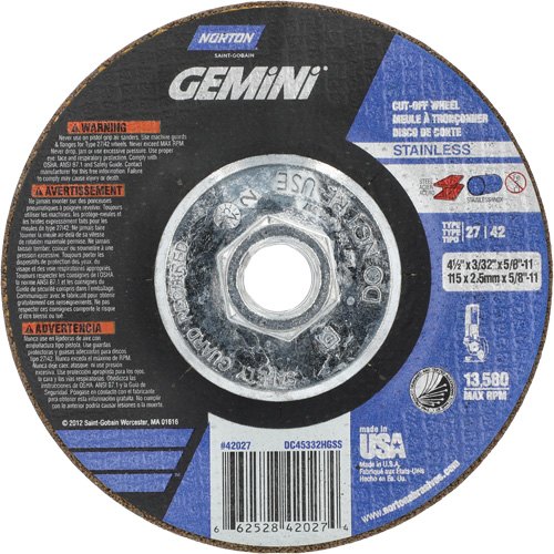 Gemini INOX/SS Right Angle Cut-Off Wheel, 4-1/2" x 3/32", 5/8"-11 Arbor, Type 27/42, Aluminum Oxide, 13580 RPM Brunswick Fyr & Safety