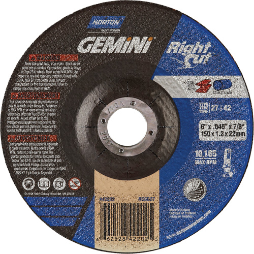 Gemini RightCut Right Angle Cut-Off Wheel, 6" x 0.045", 7/8" Arbor, Type 27/42, Aluminum Oxide, 10185 RPM Brunswick Fyr & Safety