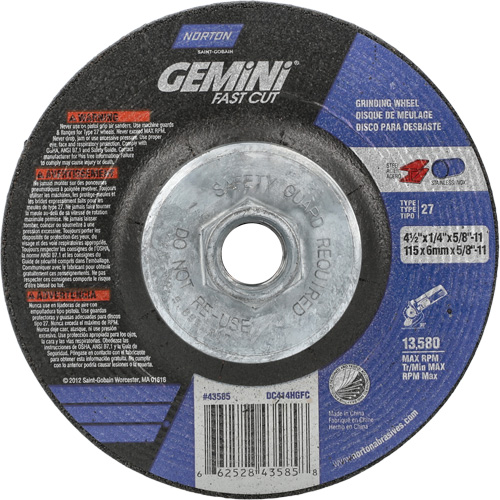 Meule Gemini, 4-1/2" x 1/4", Arbre 5/8"-11, Oxyde d'aluminium, Type 27 Brunswick Fyr & Safety