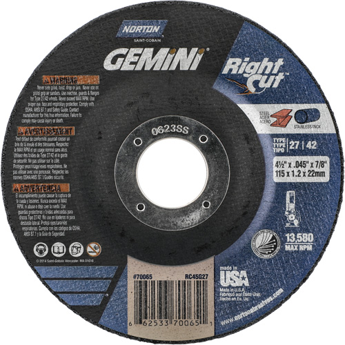 Gemini RightCut Right Angle Cut-Off Wheel, 4-1/2" x 0.045", 7/8" Arbor, Type 27/42, Aluminum Oxide, 13580 RPM Brunswick Fyr & Safety