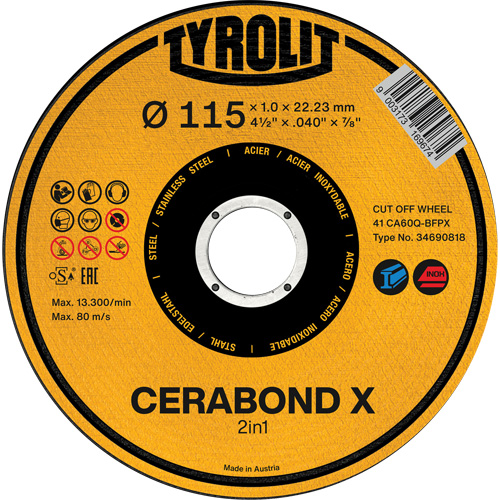 Meule &agrave; tronçonner CA60Q-BFPX CERABOND X, 4-1/2" x 0,039", Arbre de 7/8", Type 1 Brunswick Fyr & Safety