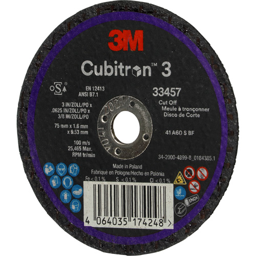 Cubitron 3 Cut-Off Wheel, 3" x 0.063", 3/8" Arbor, Ceramic Brunswick Fyr & Safety