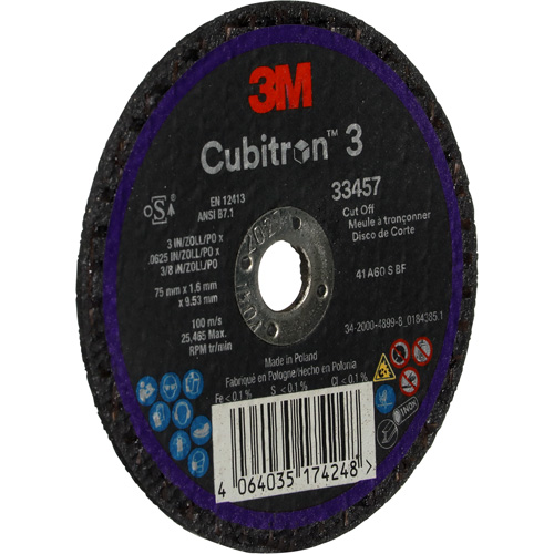 Cubitron 3 Cut-Off Wheel, 3" x 0.063", 3/8" Arbor, Ceramic Brunswick Fyr & Safety