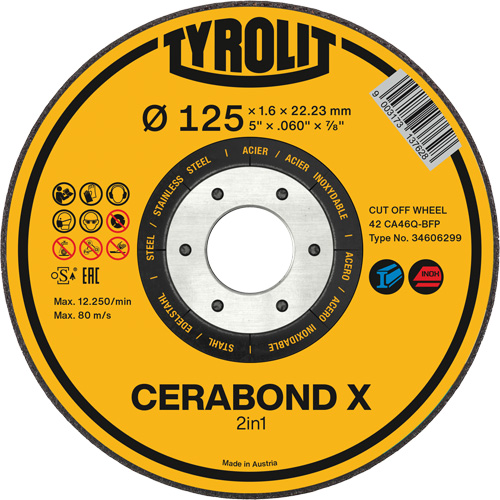 CERABOND X Cut-Off Wheel for Steel & Stainless Steel, 5" x 0.45", 7/8" Arbor, Type 1, Ceramic, 12250 RPM Brunswick Fyr & Safety