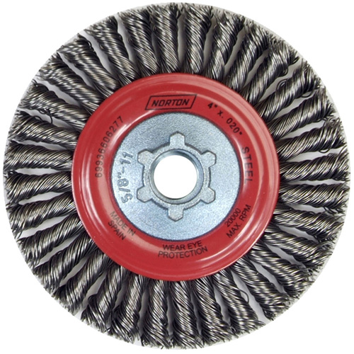 Brosse &agrave; fils nou&eacute;s pour cordons de soudure pour meuleuse angulaire, Dia. 4", Fils 0,02", Arbre 5/8"-11, Acier Brunswick Fyr & Safety