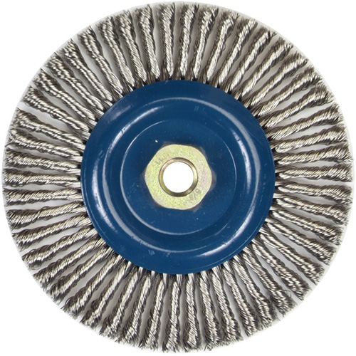 Brosse &agrave; fils nou&eacute;s pour cordons de soudure pour meuleuse angulaire, Dia. 6", Fils 0,02", Arbre 5/8"-11, Acier inoxydable Brunswick Fyr & Safety