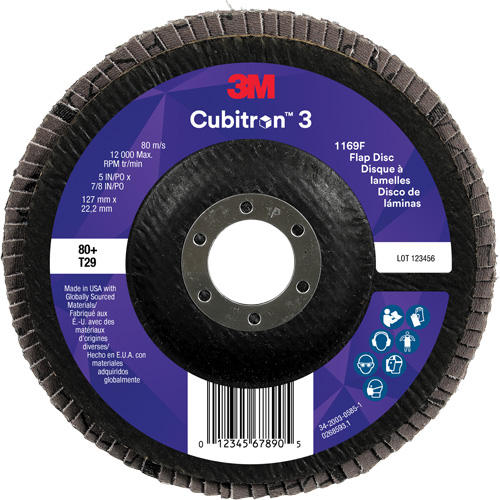 Disque &agrave; lamelles conique 1169F Cubitron 3, 5" x 7/8", Type T29, Grain 80+, C&eacute;ramique Brunswick Fyr & Safety