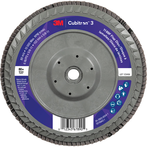 Cubitron 3 Flat Flap Disc with Quick Change 1169F, 6" x 5/8"-11, Type T27, 80+ Grit, Ceramic Brunswick Fyr & Safety