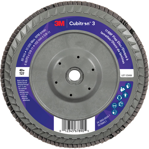 Cubitron 3 Flat Flap Disc with Quick Change 1169F, 6" x 5/8"-11, Type T27, 40+ Grit, Ceramic Brunswick Fyr & Safety