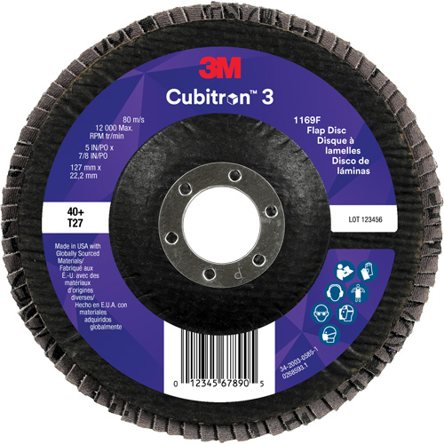 Disque &agrave; lamelles plate 1169F Cubitron 3, 5" x 7/8", Type T27, Grain 40+, C&eacute;ramique Brunswick Fyr & Safety