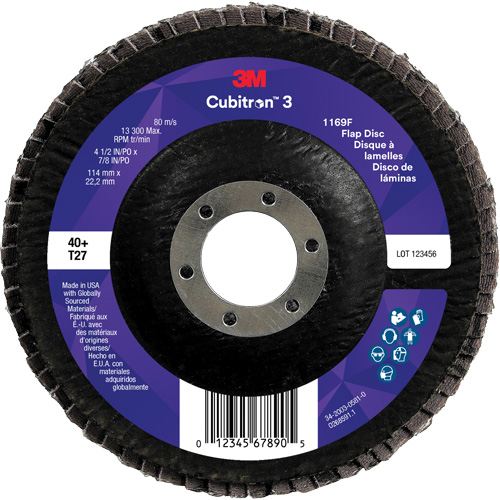 Cubitron 3 Flat Flap Disc 1169F, 4-1/2" x 7/8", Type T27, 40+ Grit, Ceramic Brunswick Fyr & Safety