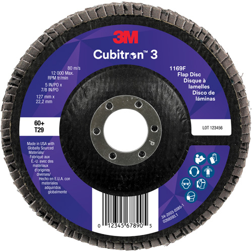 Disque &agrave; lamelles conique 1169F Cubitron 3, 5" x 7/8", Type T29, Grain 60+, C&eacute;ramique Brunswick Fyr & Safety