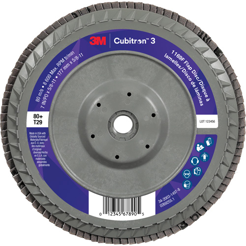 Disque &agrave; lamelles plate 1169F Cubitron 3, 7" x 5/8"-11, Type T29, Grain 80+, C&eacute;ramique Brunswick Fyr & Safety