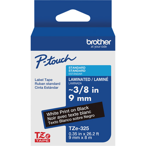 P-touch&reg; Labeling Systems, 9 mm x 314.96" or 8 m, White on Black Brunswick Fyr & Safety