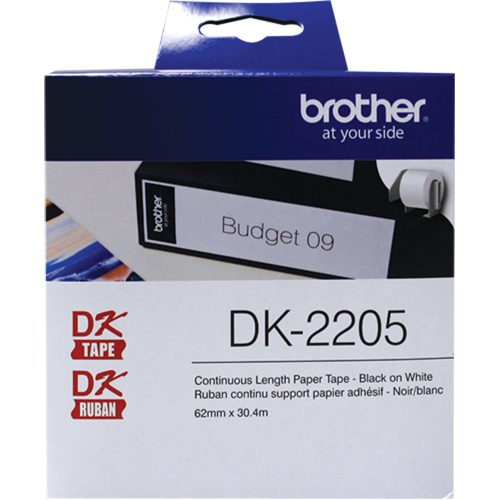 DK Series Continuous Length Label Tape, Paper, Black on White, 2-1/2" Width Brunswick Fyr & Safety