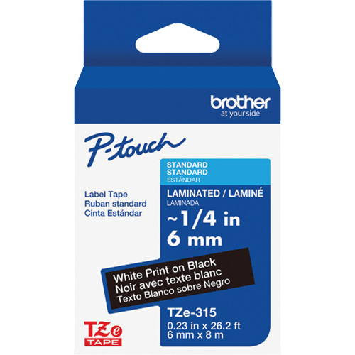 TZe-315 Laminated Tape for TZe-Compatible P-Touch Label Makers, White on Black, 0.23" Width Brunswick Fyr & Safety
