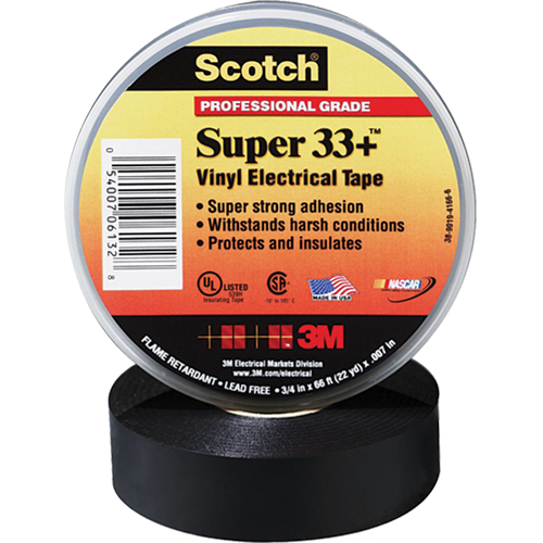 Scotch&reg; Super 33 Tape, 19 mm (3/4") x 20.1 m (66'), Black, 7 mils Brunswick Fyr & Safety