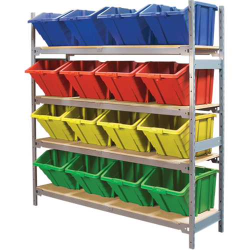Wide Span Shelving with Jumbo Plastic Bins, Steel, Boltless, 800 lbs. Capacity, 66" W x 72" H x 18" D Brunswick Fyr & Safety